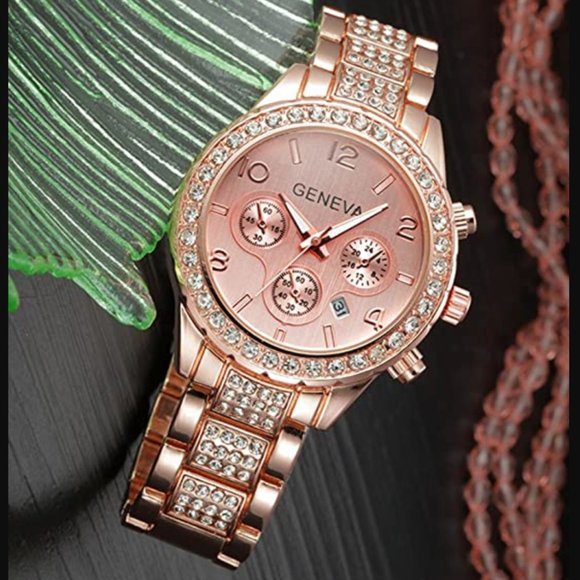 Rose Gld Floating Crystal Calendar Geneva SS Watch - Picture 2 of 8